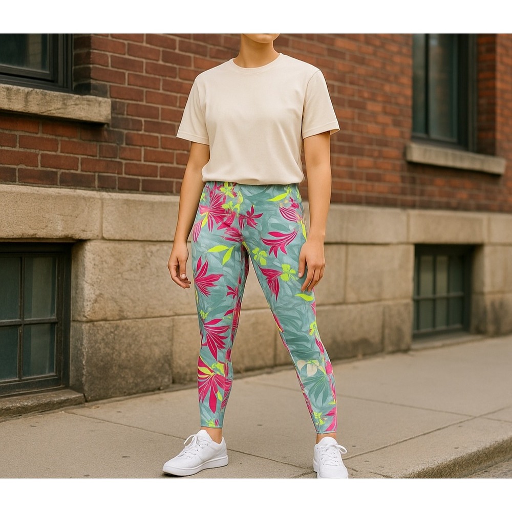 DKNY Sport Women's Leggings Large Multi Tropical Floral 7/8‎ Length High Waist